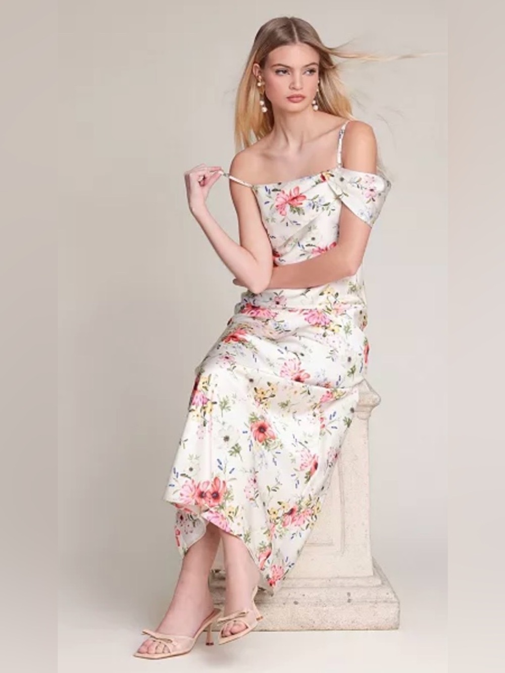 Avec Les Filles White Maxi Dress with Pink Floral Print